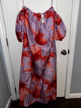 Lavender Dress with Bold Red-Orange Floral Accents